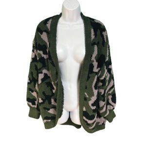 Rachel Zoe Green Gray & Black Camo Teddy Chunky Knit Cardigan Womens Size L